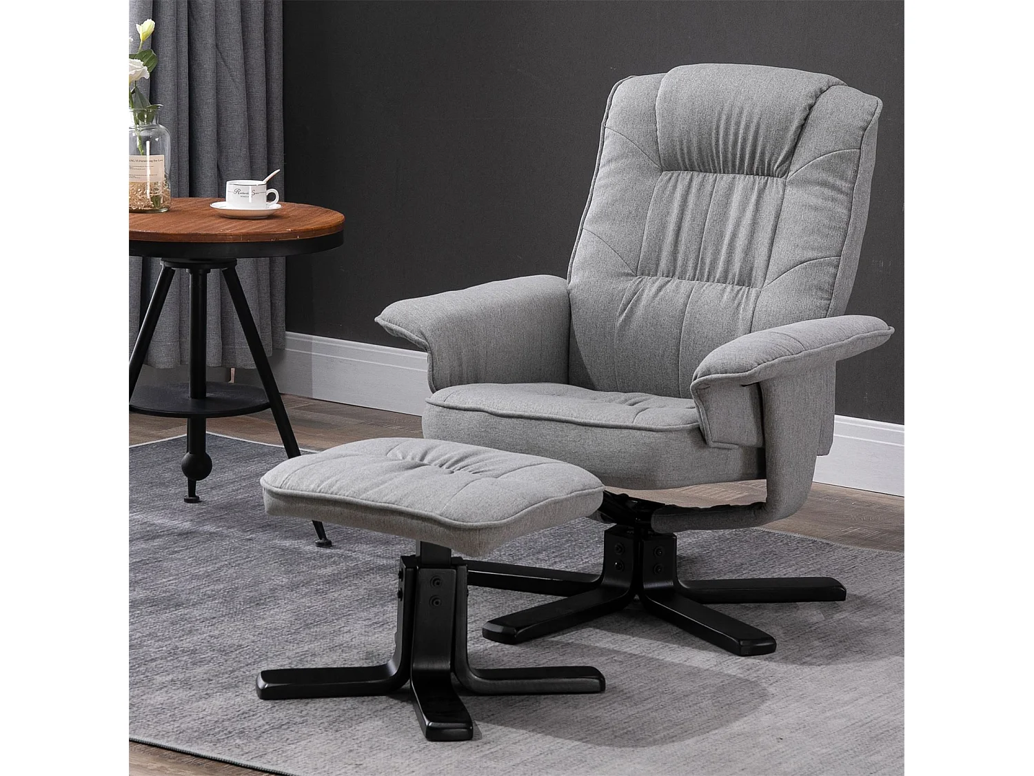 Fauteuil de relaxation CHARLY repose-pieds siège pivotant dossier inclinable assise rembourrée relax, en tissu gris et pieds noirs