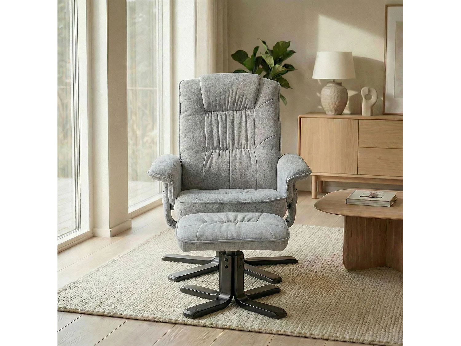 Fauteuil de relaxation CHARLY repose-pieds siège pivotant dossier inclinable assise rembourrée relax, en tissu gris et pieds noirs