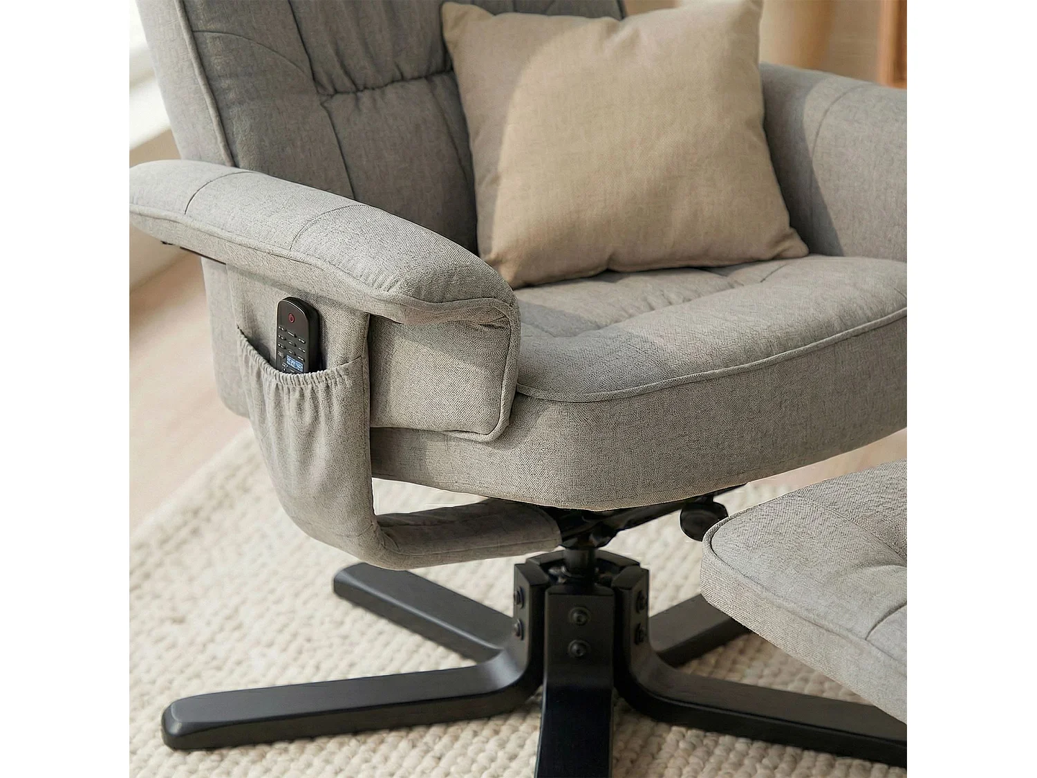 Fauteuil de relaxation CHARLY repose-pieds siège pivotant dossier inclinable assise rembourrée relax, en tissu gris et pieds noirs