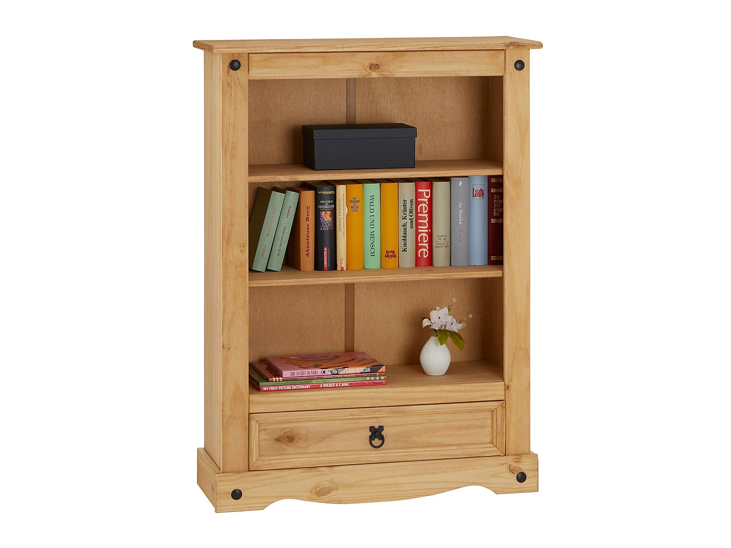 Bibliothèque SALSA étagère en bois style mexicain avec 2 tablettes et 1 tiroir, en pin massif finition teintée/cirée