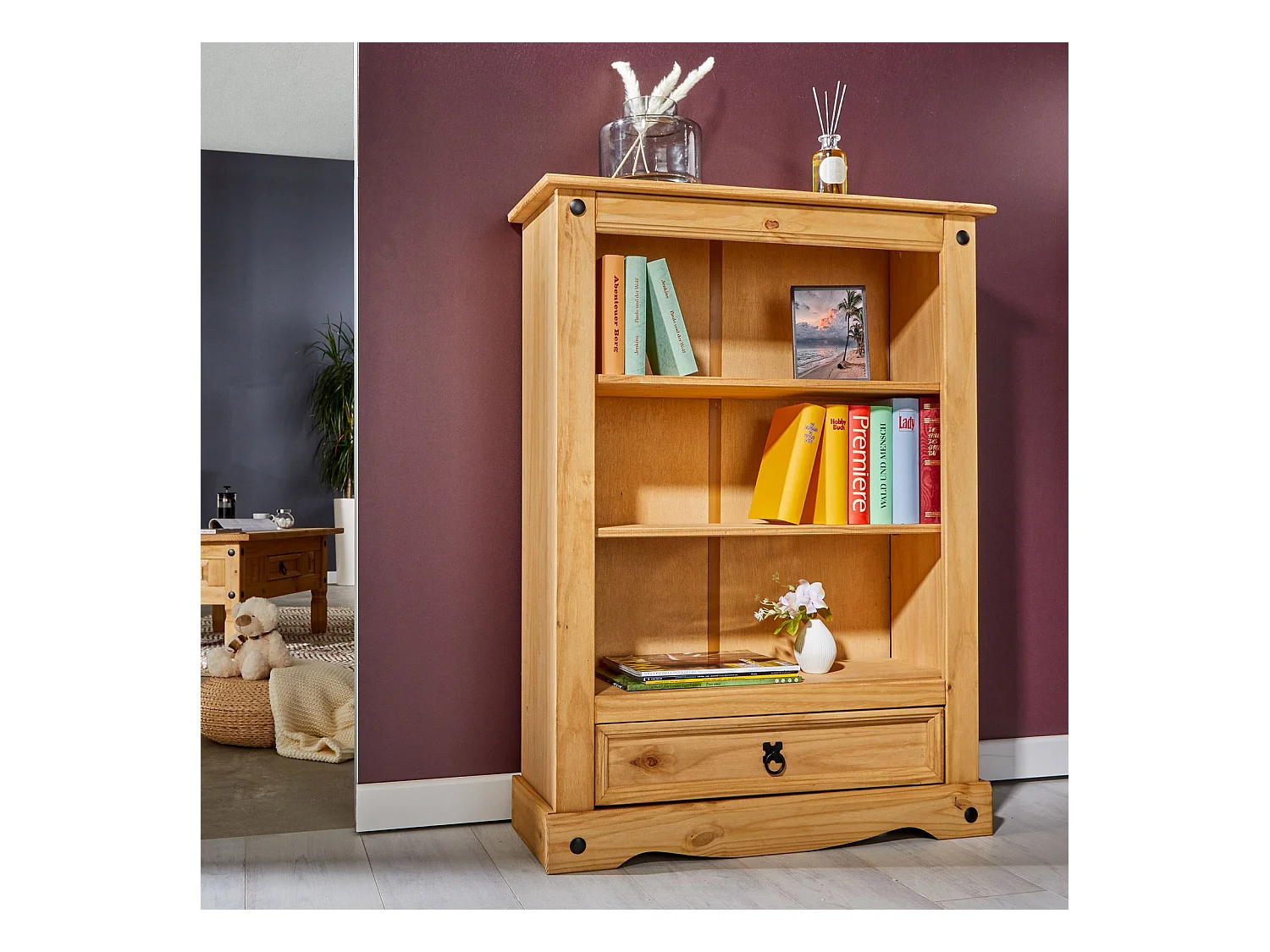 Bibliothèque SALSA étagère en bois style mexicain avec 2 tablettes et 1 tiroir, en pin massif finition teintée/cirée