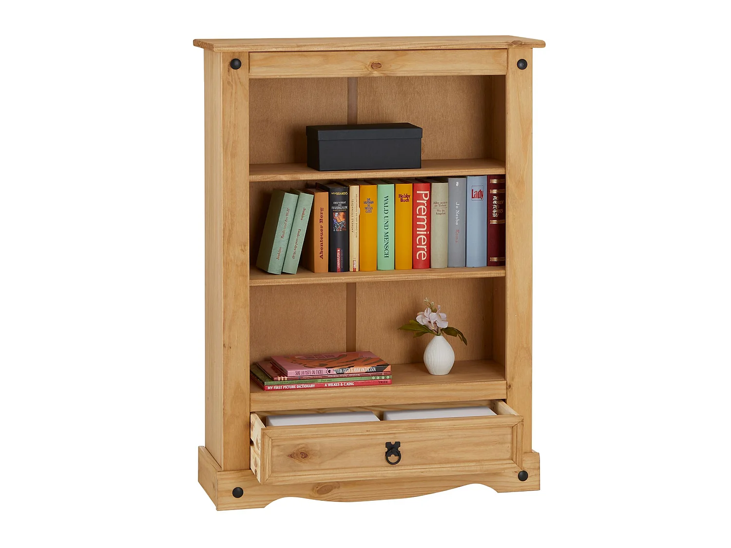 Bibliothèque SALSA étagère en bois style mexicain avec 2 tablettes et 1 tiroir, en pin massif finition teintée/cirée