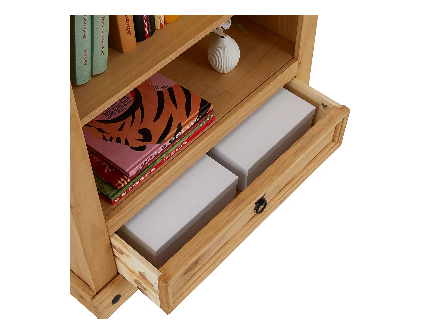 Bibliothèque SALSA étagère en bois style mexicain avec 2 tablettes et 1 tiroir, en pin massif finition teintée/cirée