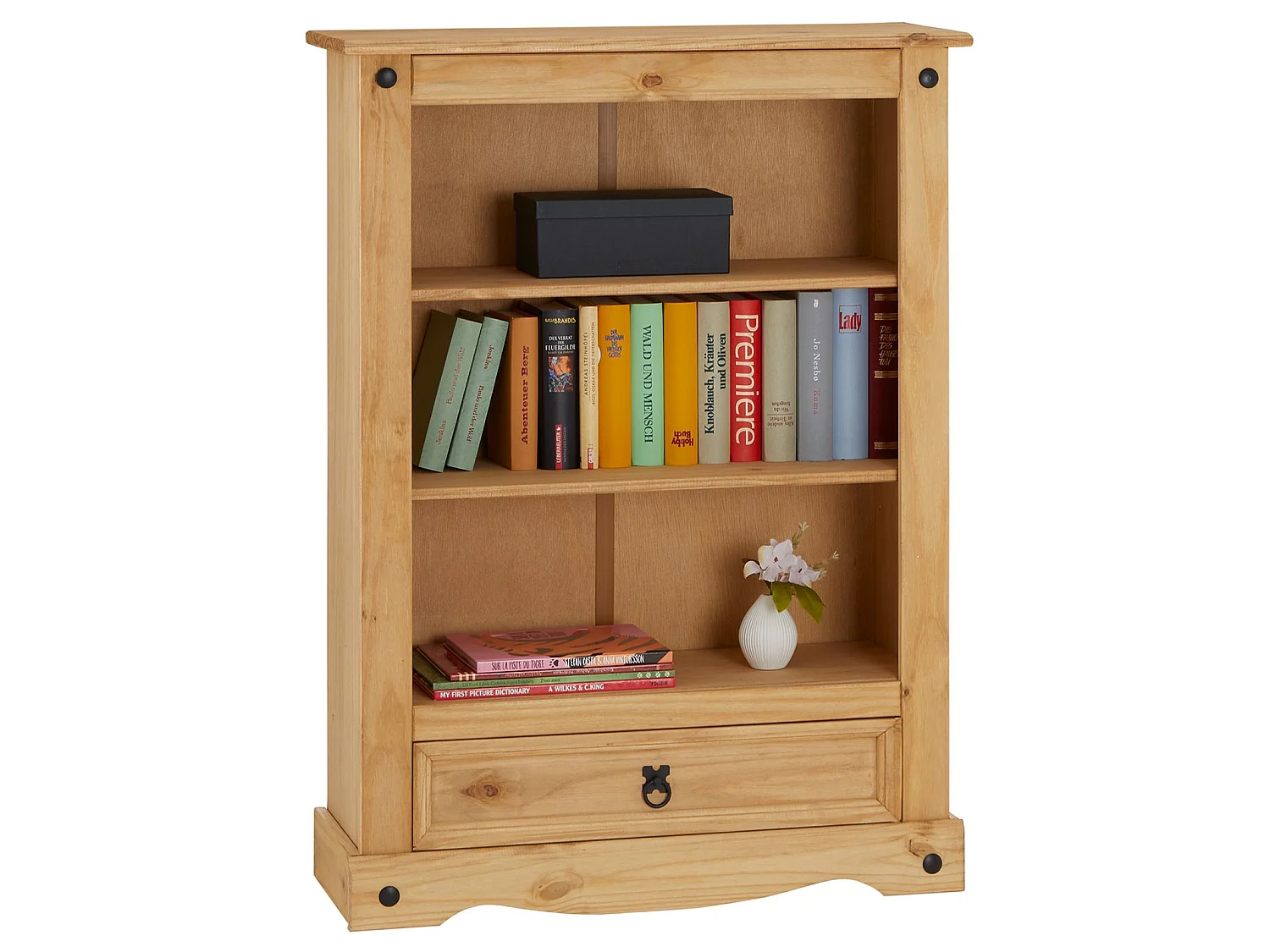 Bibliothèque SALSA étagère en bois style mexicain avec 2 tablettes et 1 tiroir, en pin massif finition teintée/cirée