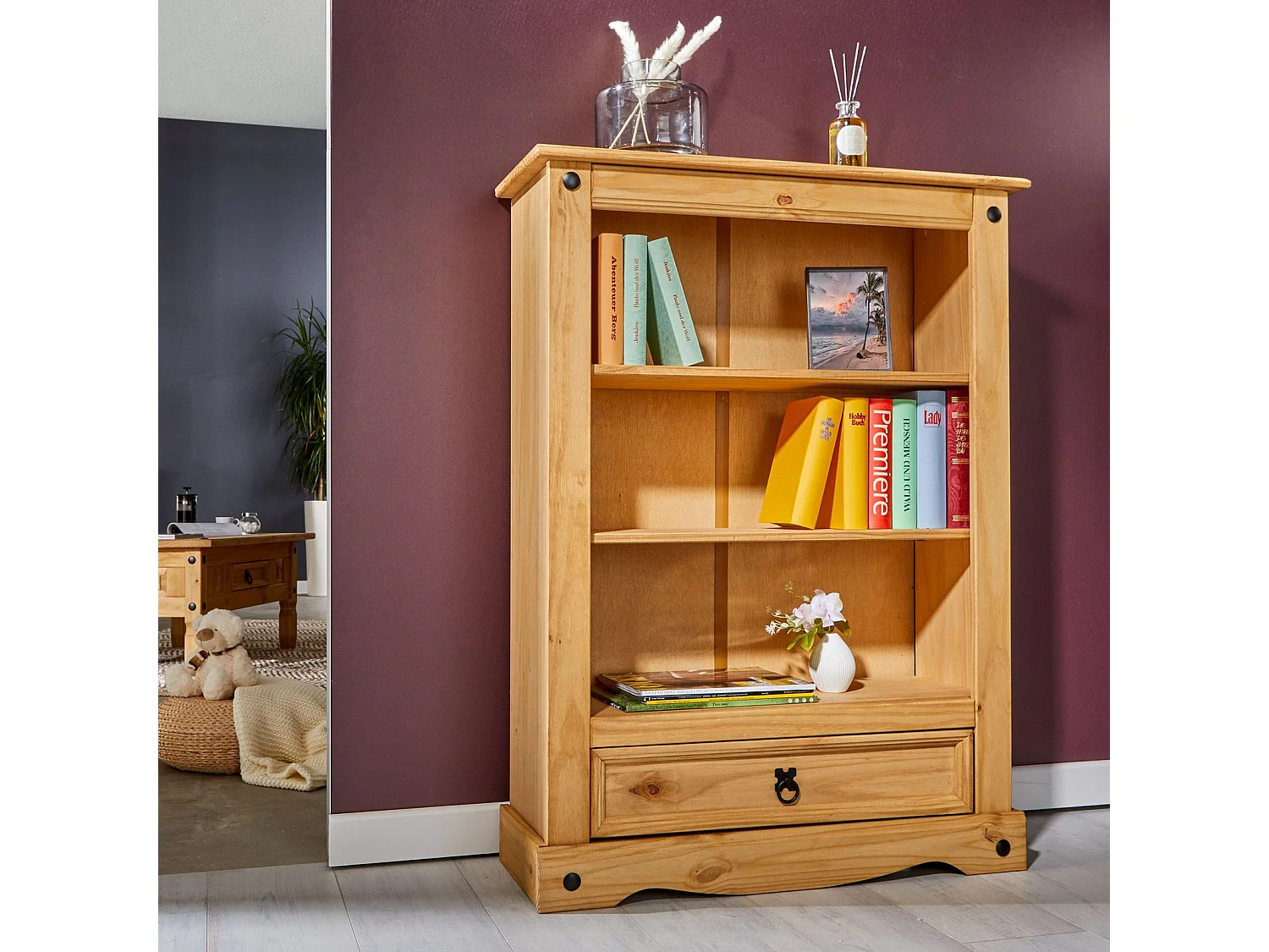 Bibliothèque SALSA étagère en bois style mexicain avec 2 tablettes et 1 tiroir, en pin massif finition teintée/cirée