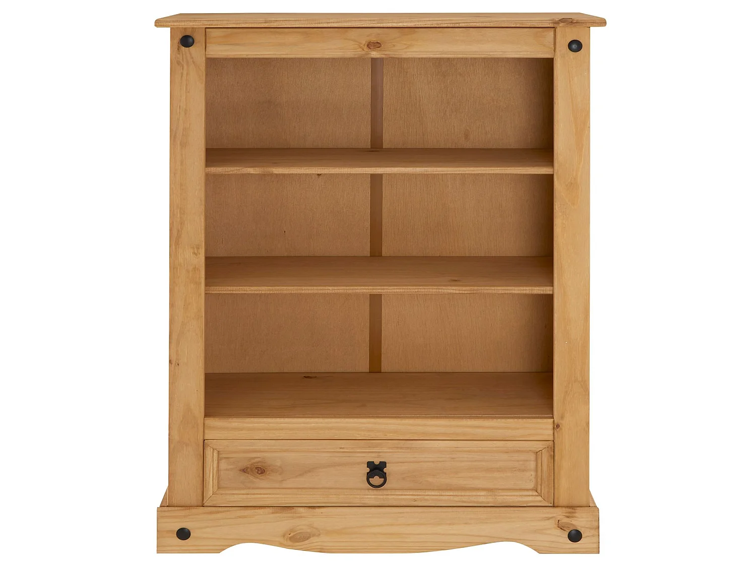 Bibliothèque SALSA étagère en bois style mexicain avec 2 tablettes et 1 tiroir, en pin massif finition teintée/cirée