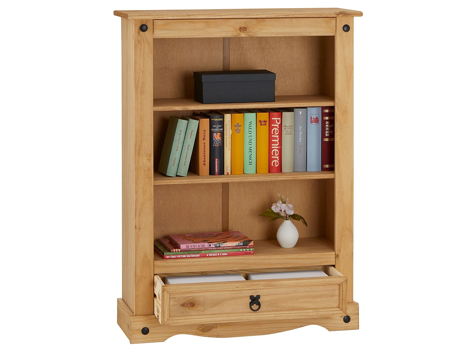 Bibliothèque SALSA étagère en bois style mexicain avec 2 tablettes et 1 tiroir, en pin massif finition teintée/cirée