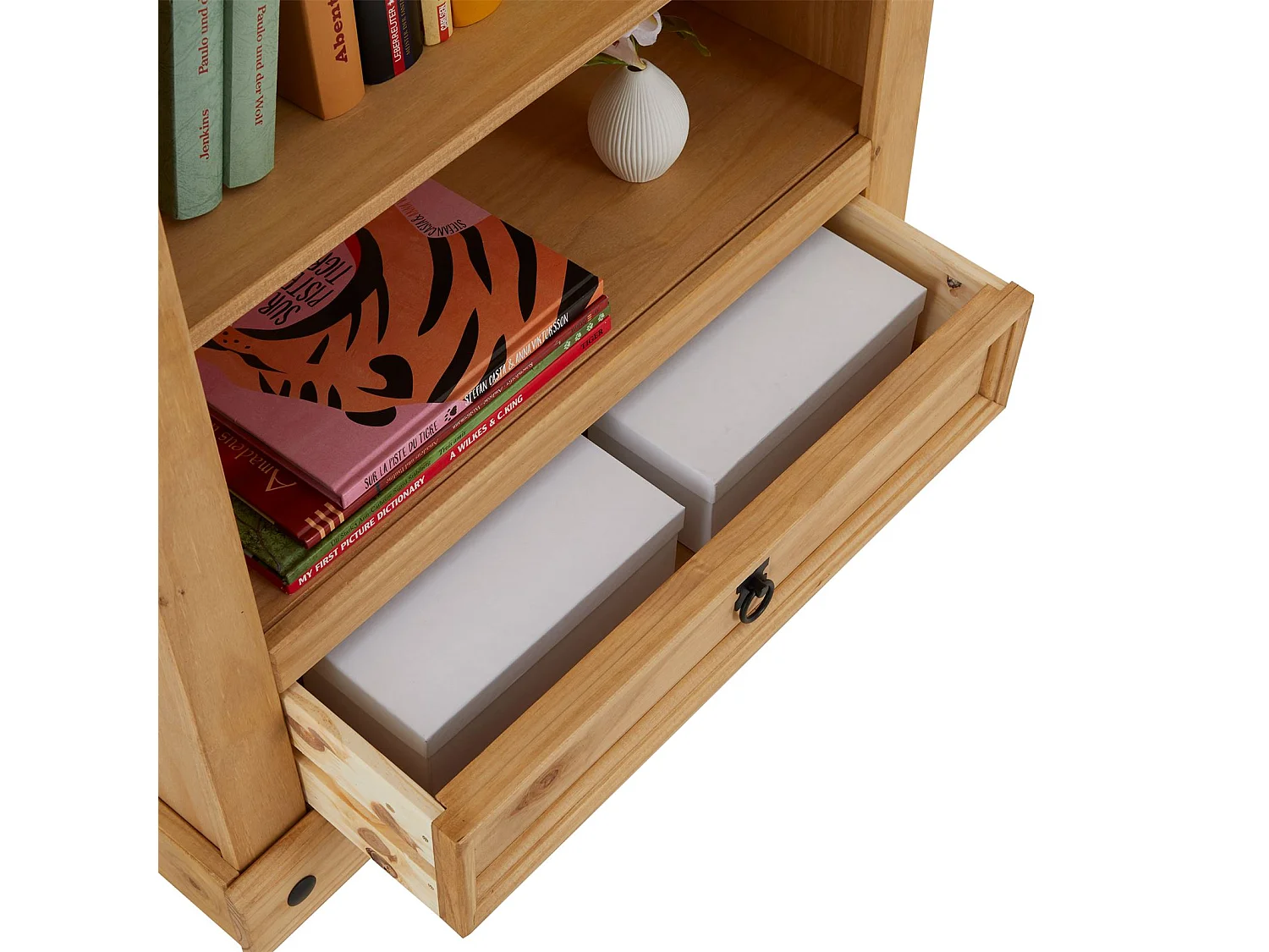 Bibliothèque SALSA étagère en bois style mexicain avec 2 tablettes et 1 tiroir, en pin massif finition teintée/cirée