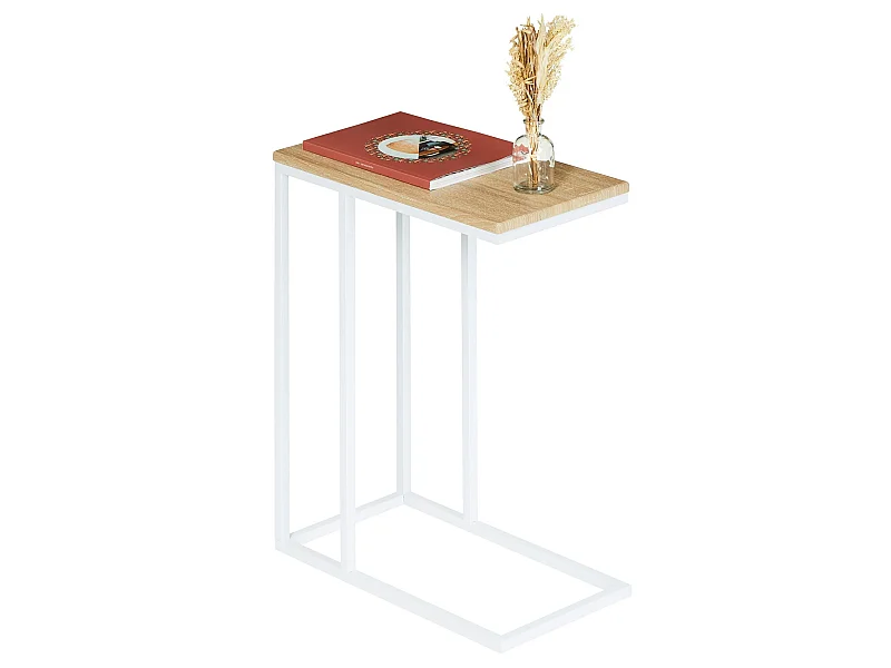 Bout de canapé DEBORA table d'appoint table à café table basse de salon cadre en métal blanc plateau en MDF décor chêne sonoma