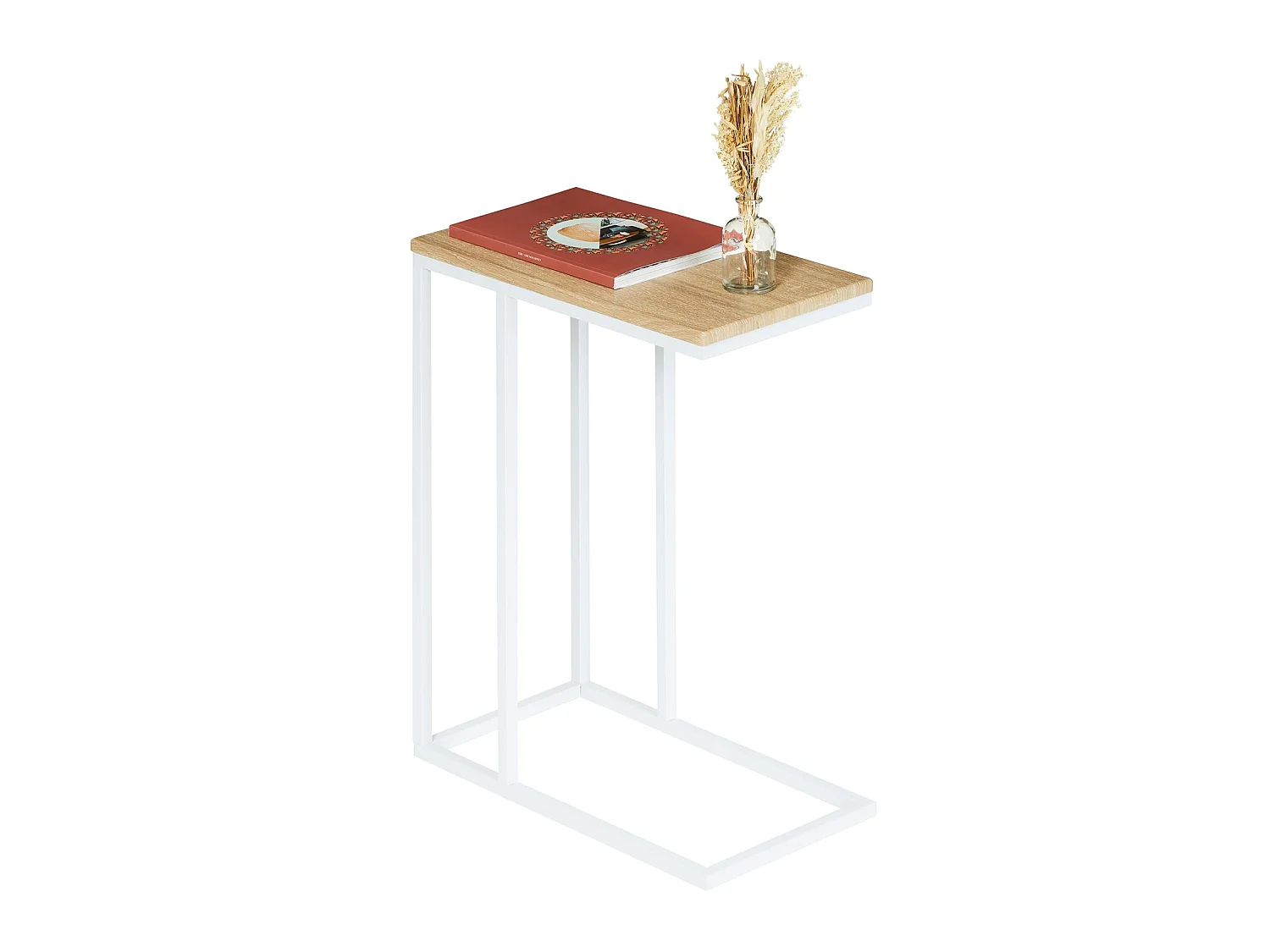 Bout de canapé DEBORA table d'appoint table à café table basse de salon cadre en métal blanc plateau en MDF décor chêne sonoma