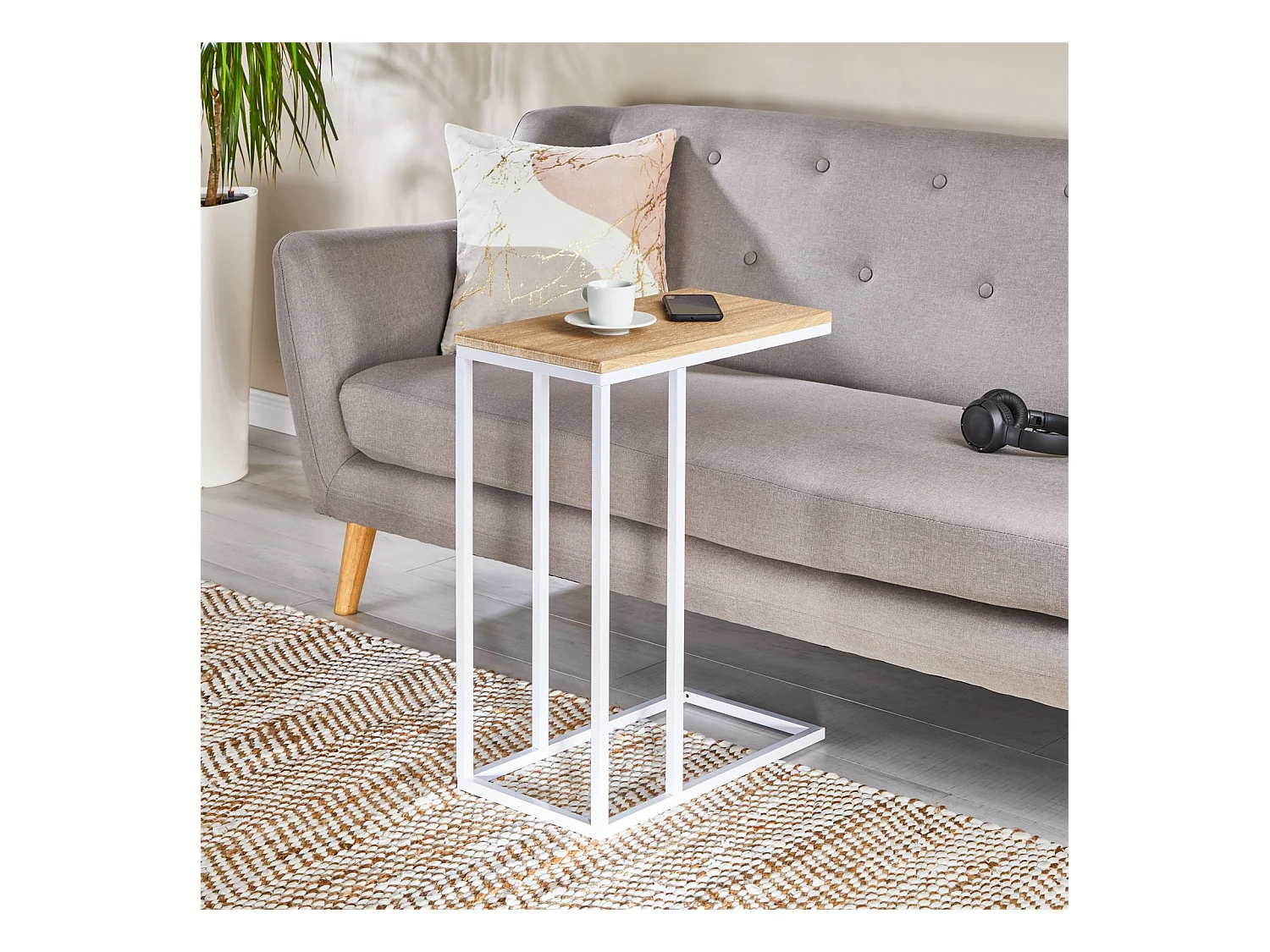 Bout de canapé DEBORA table d'appoint table à café table basse de salon cadre en métal blanc plateau en MDF décor chêne sonoma