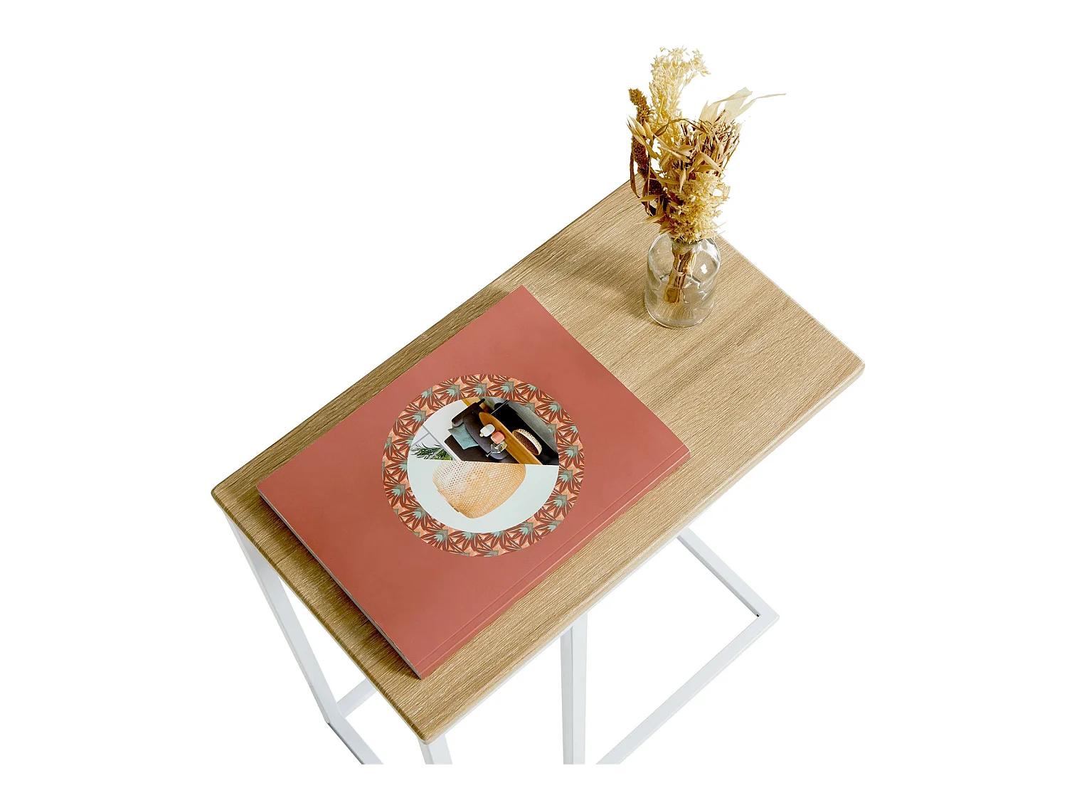 Bout de canapé DEBORA table d'appoint table à café table basse de salon cadre en métal blanc plateau en MDF décor chêne sonoma