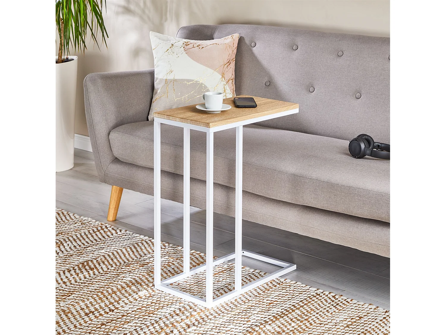 Bout de canapé DEBORA table d'appoint table à café table basse de salon cadre en métal blanc plateau en MDF décor chêne sonoma