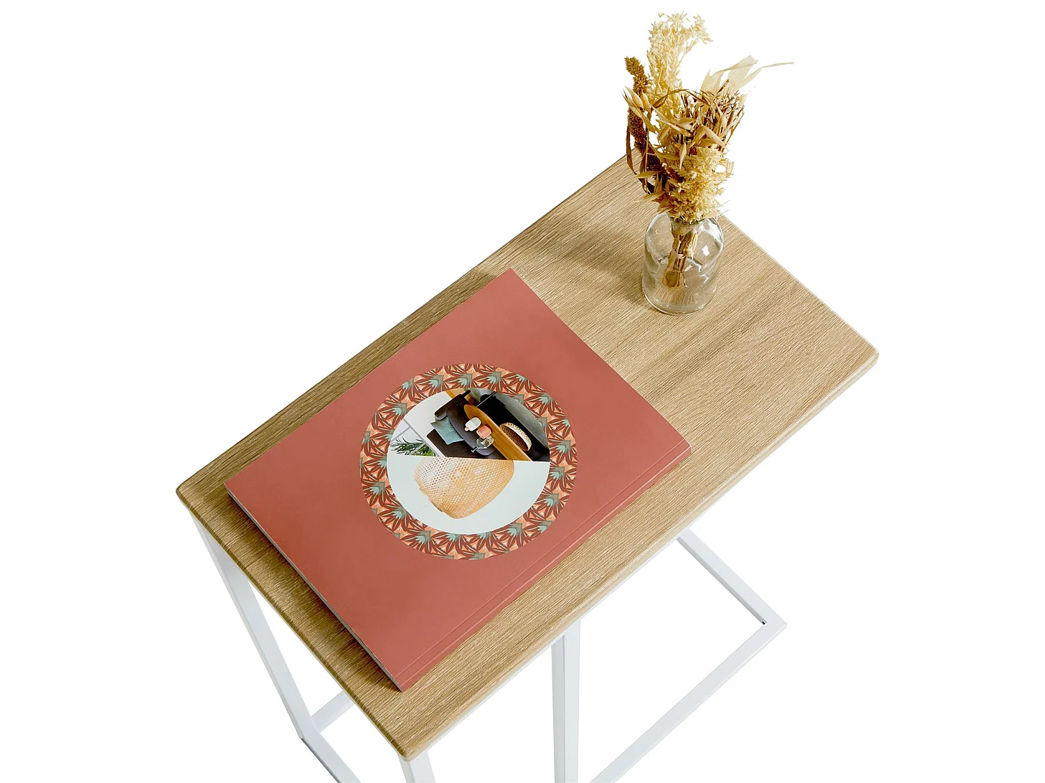 Bout de canapé DEBORA table d'appoint table à café table basse de salon cadre en métal blanc plateau en MDF décor chêne sonoma