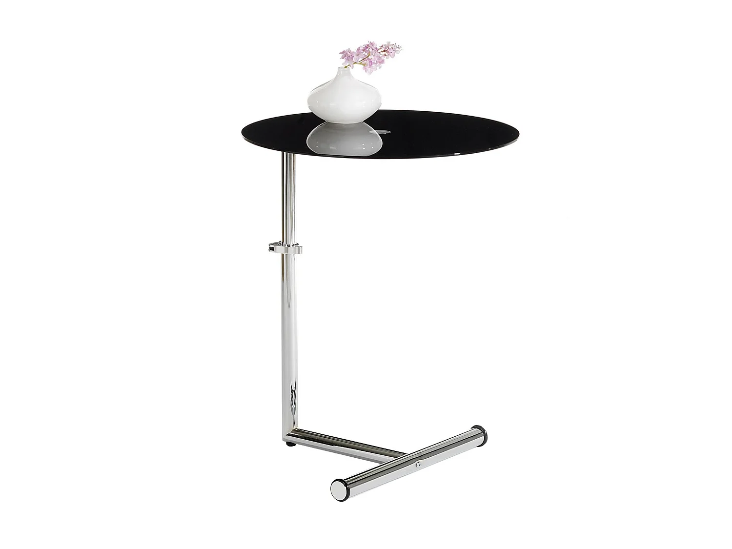 Table d'appoint LEONIE bout de canapé rond table à café table basse hauteur réglable, en métal chromé et verre trempé noir