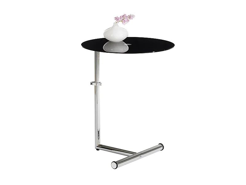 Table d'appoint LEONIE bout de canapé rond table à café table basse hauteur réglable, en métal chromé et verre trempé noir