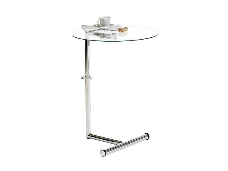 Table d'appoint LEONIE bout de canapé rond table à café table basse hauteur réglable, en métal chromé et verre trempé transparent