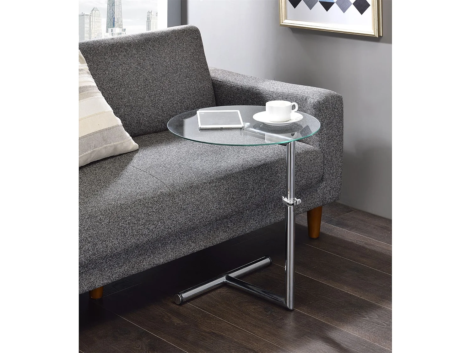 Table d'appoint LEONIE bout de canapé rond table à café table basse hauteur réglable, en métal chromé et verre trempé transparent