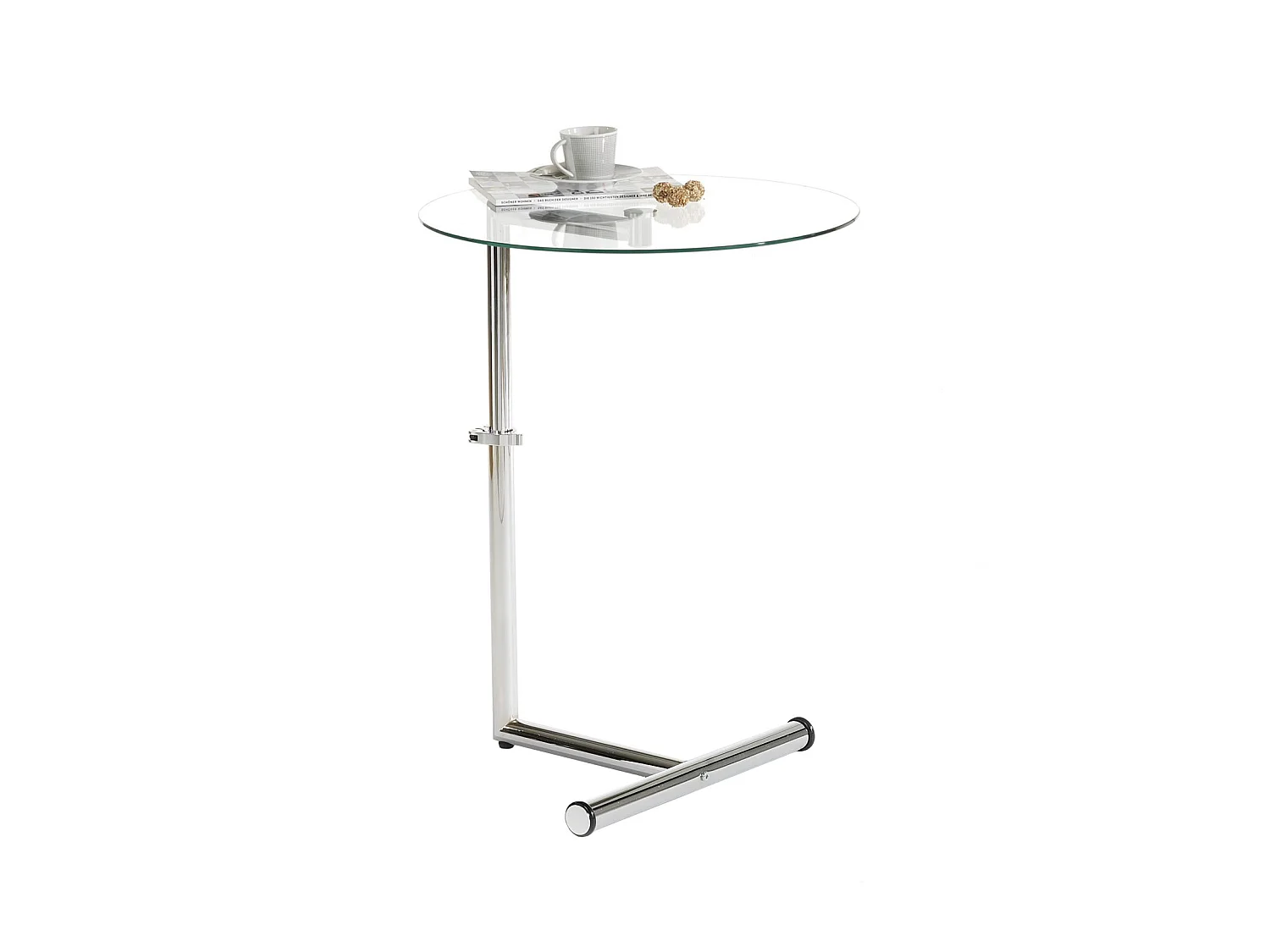 Table d'appoint LEONIE bout de canapé rond table à café table basse hauteur réglable, en métal chromé et verre trempé transparent