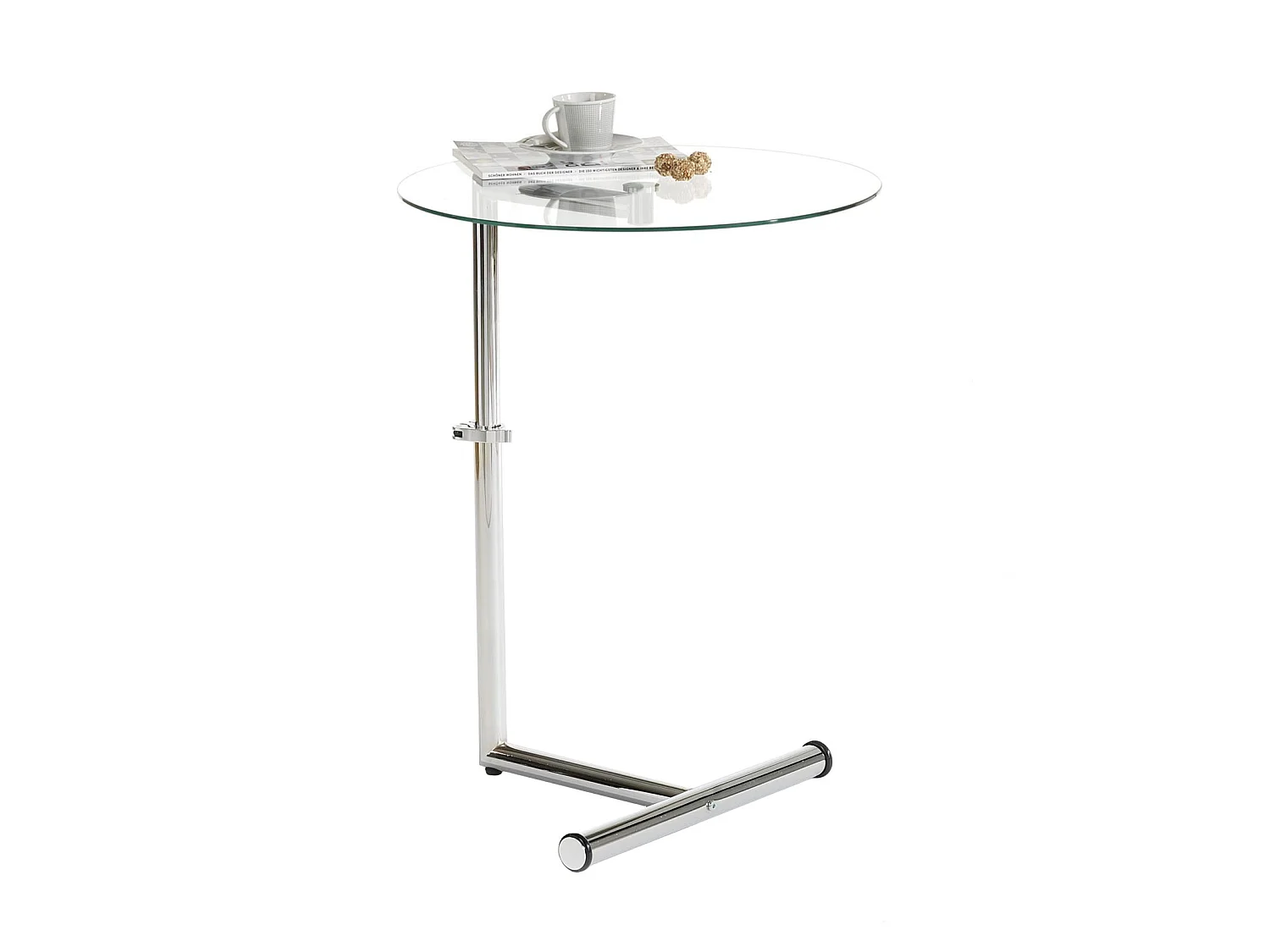 Table d'appoint LEONIE bout de canapé rond table à café table basse hauteur réglable, en métal chromé et verre trempé transparent