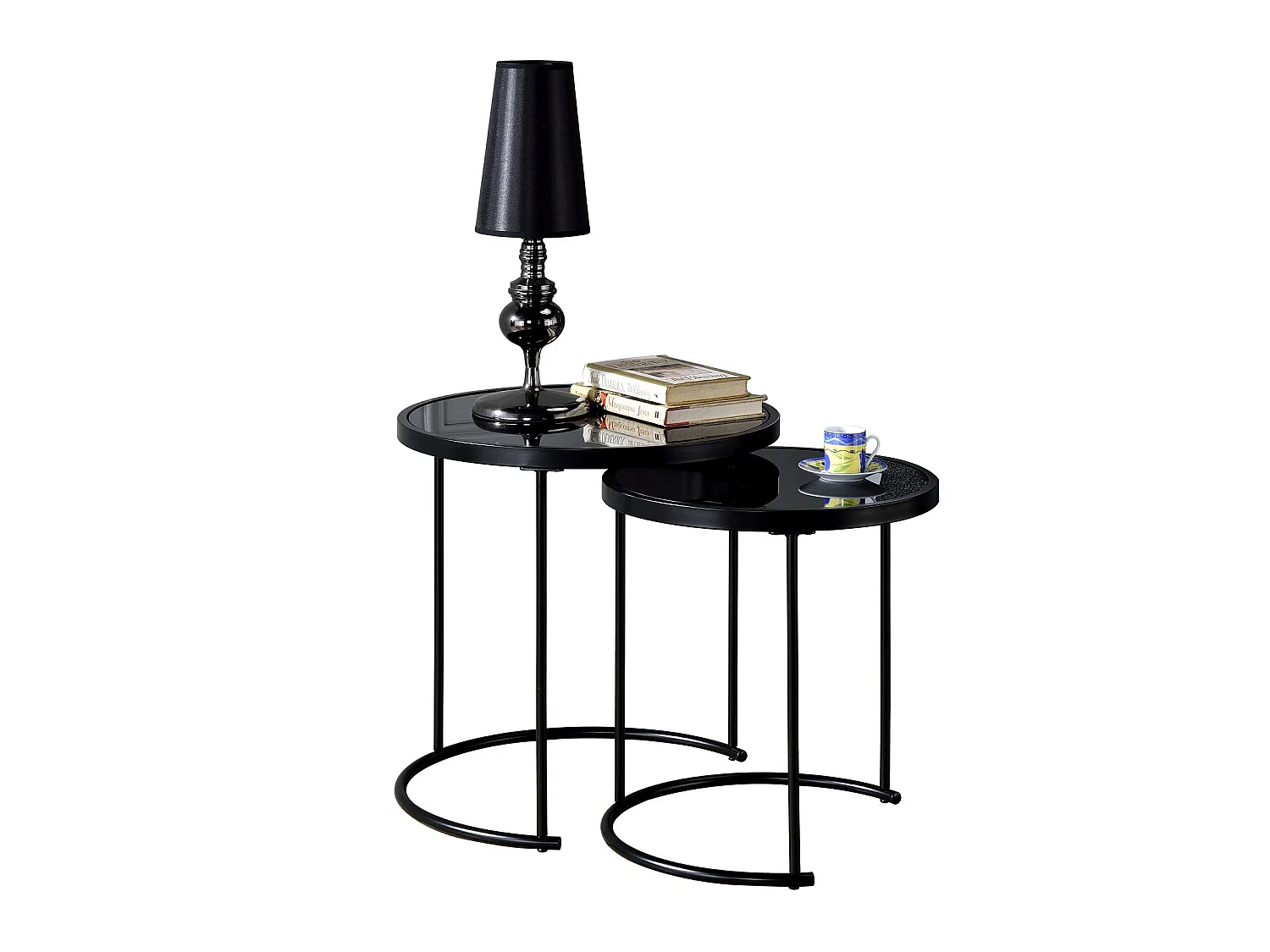 Lot de 2 tables d'appoint LEYRE tables basses gigognes, tables à café design industriel, plateau rond en verre et cadre métal