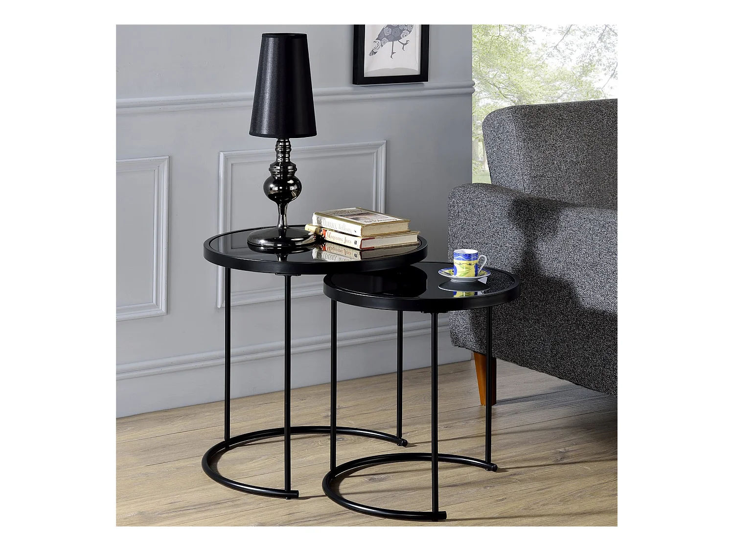 Lot de 2 tables d'appoint LEYRE tables basses gigognes, tables à café design industriel, plateau rond en verre et cadre métal