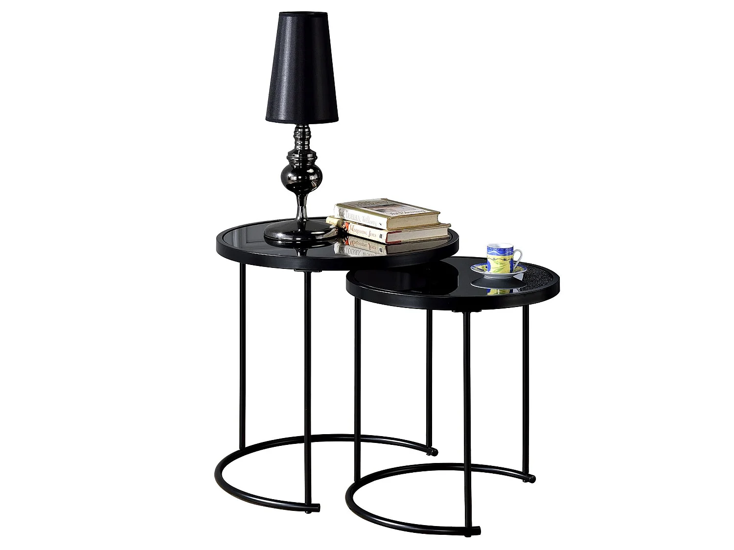 Lot de 2 tables d'appoint LEYRE tables basses gigognes, tables à café design industriel, plateau rond en verre et cadre métal