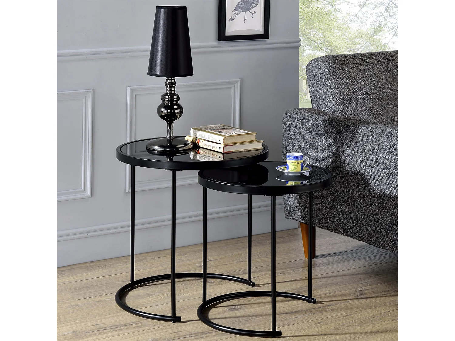 Lot de 2 tables d'appoint LEYRE tables basses gigognes, tables à café design industriel, plateau rond en verre et cadre métal