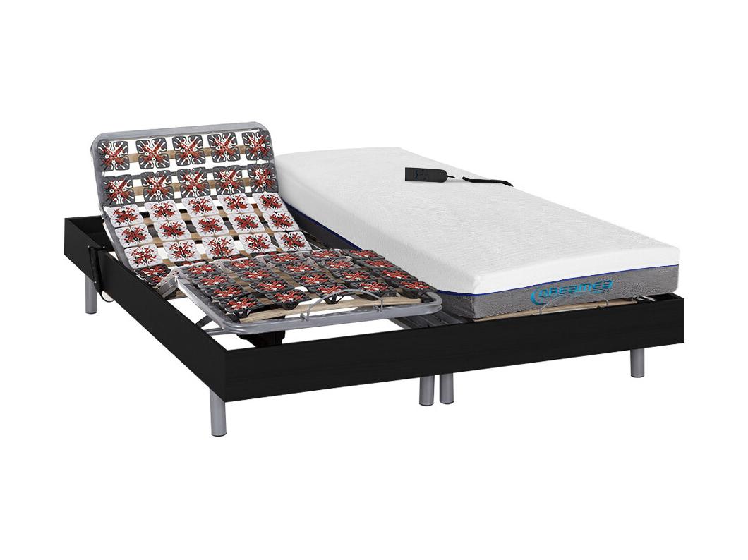 Lit électrique de relaxation tout plots + matelas mémoire de forme - 2 x 80 x 200 cm - Noir - HESIODE III de DREAMEA
