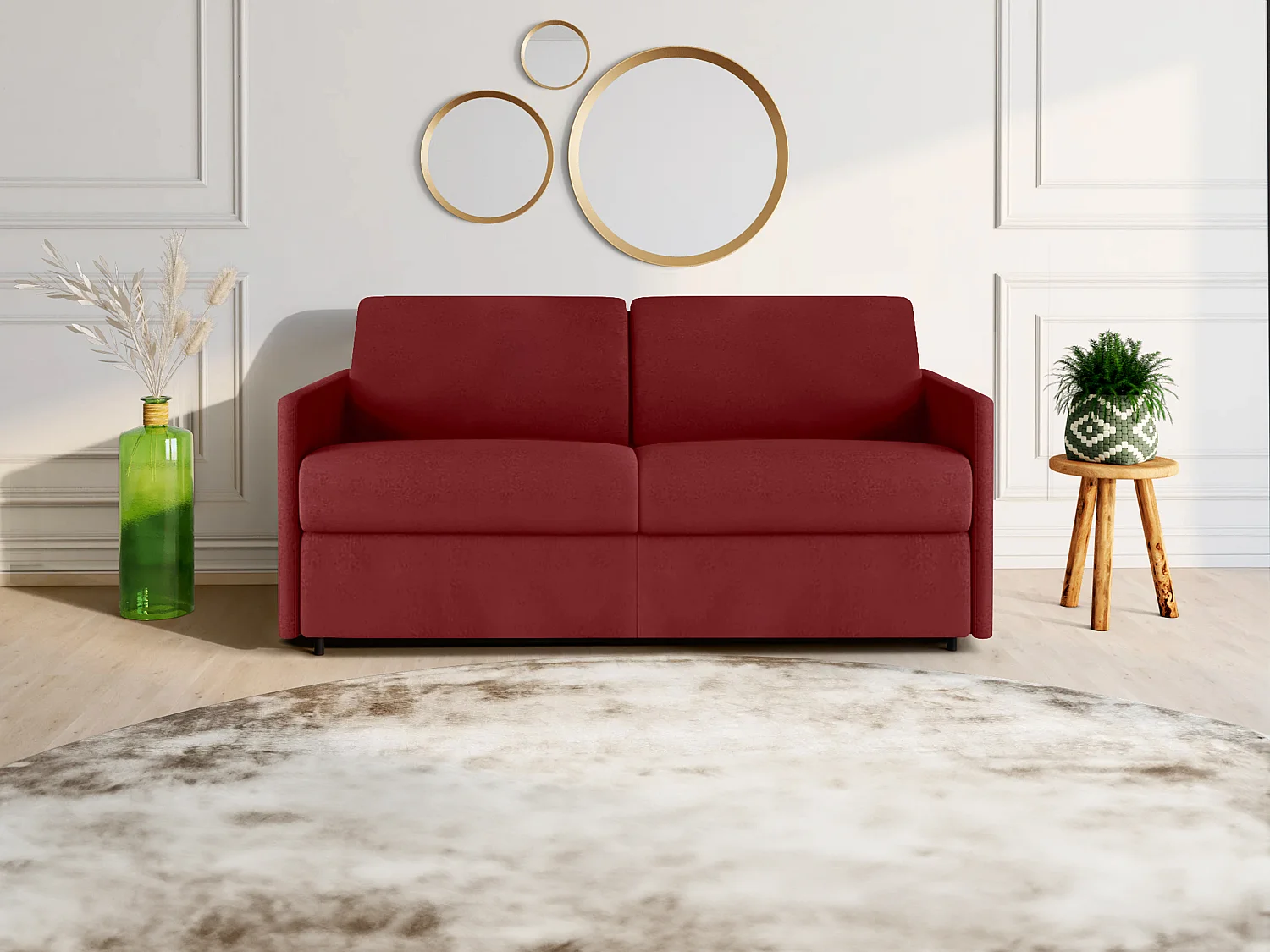 Canapé 3 places convertible express en tissu rouge - Couchage 140 cm - Matelas 14 cm CALIFE