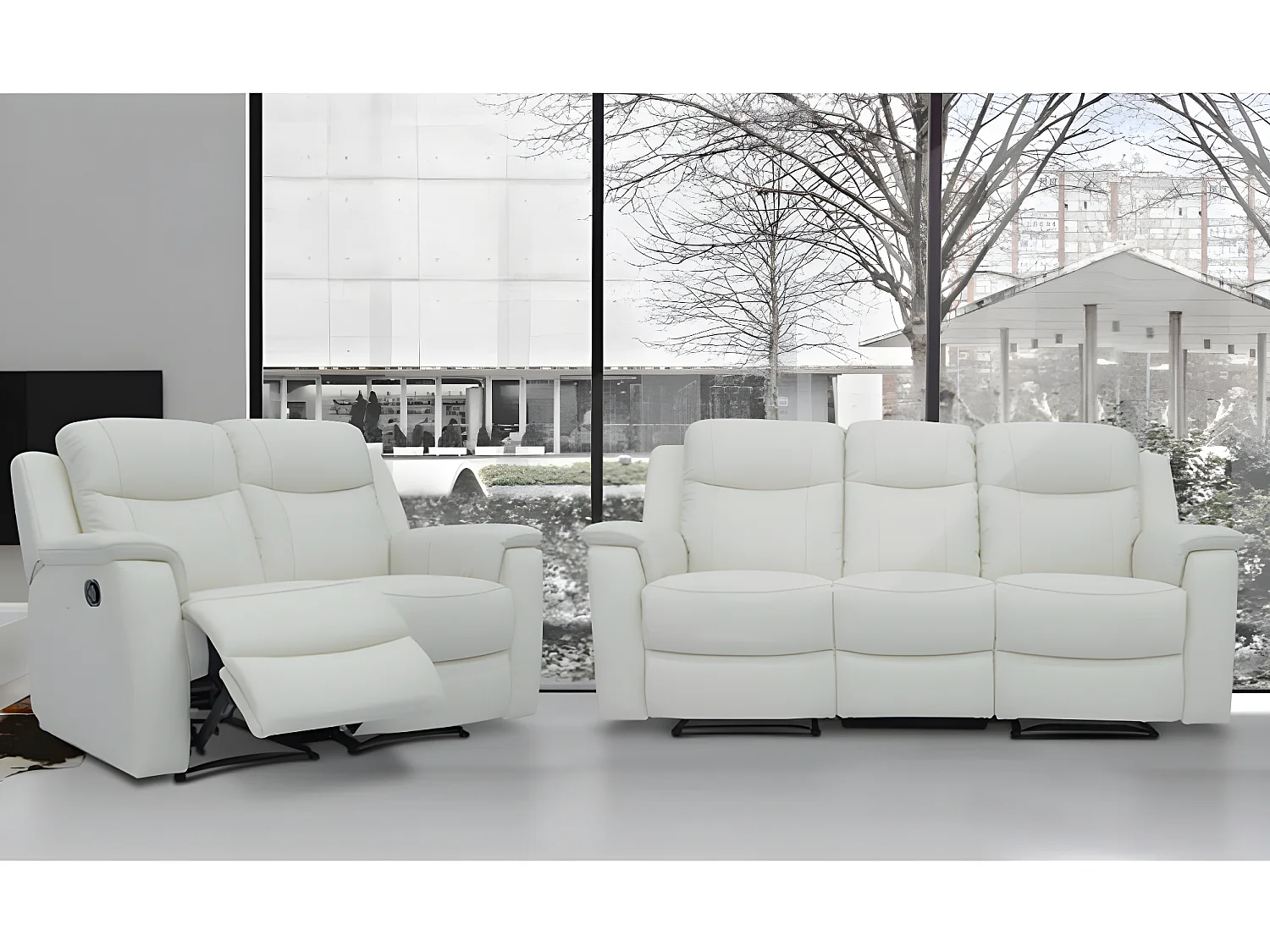 Sofá de 3+2 lugares relax com mesinha de bar em pele Branco marfim - EVASION