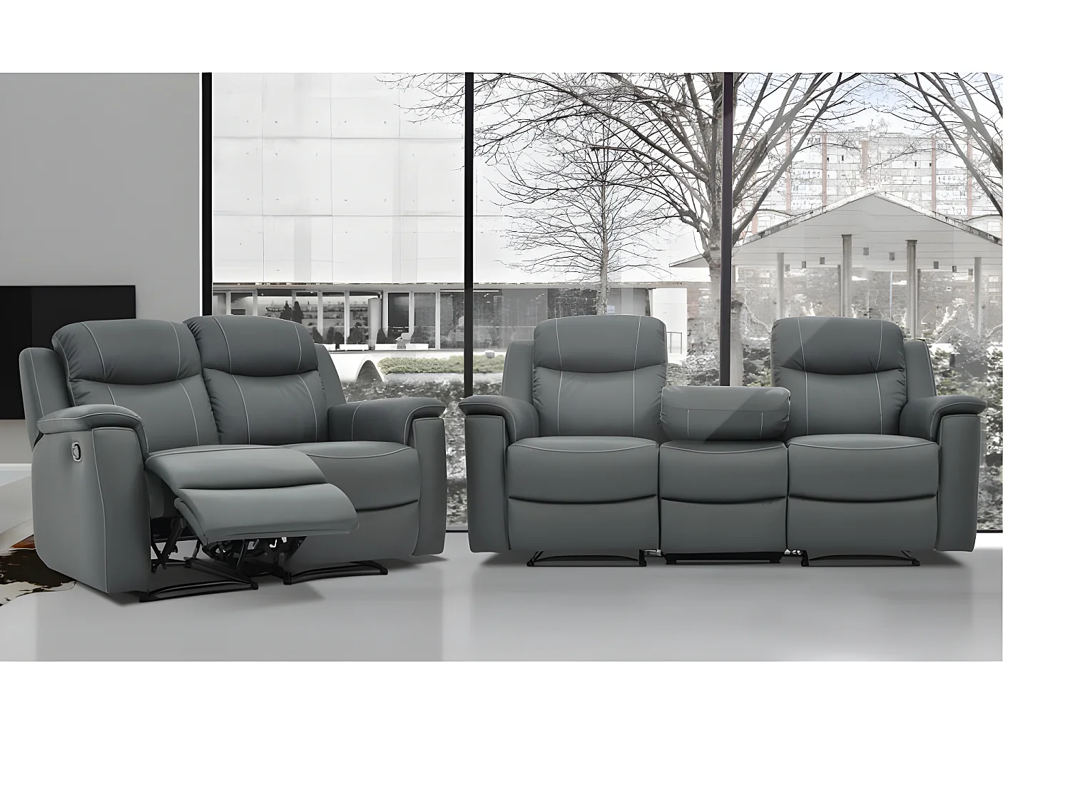 Sofá de 3+2 lugares relax com mesinha de bar em pele Cinza - EVASION