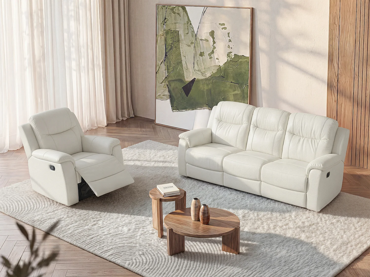 Canapé 3 places et un fauteuil relax EVASION en cuir - Blanc ivoire