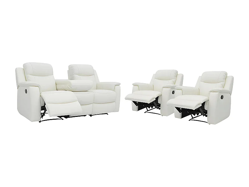 Canapé 3 places et 2 fauteuils relax EVASION en cuir - Blanc ivoire