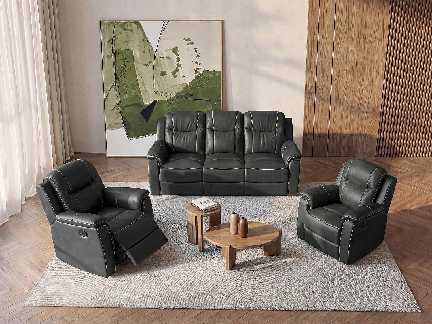 Driezitsbank en 2 relaxfauteuils EVASION van leer - grijs