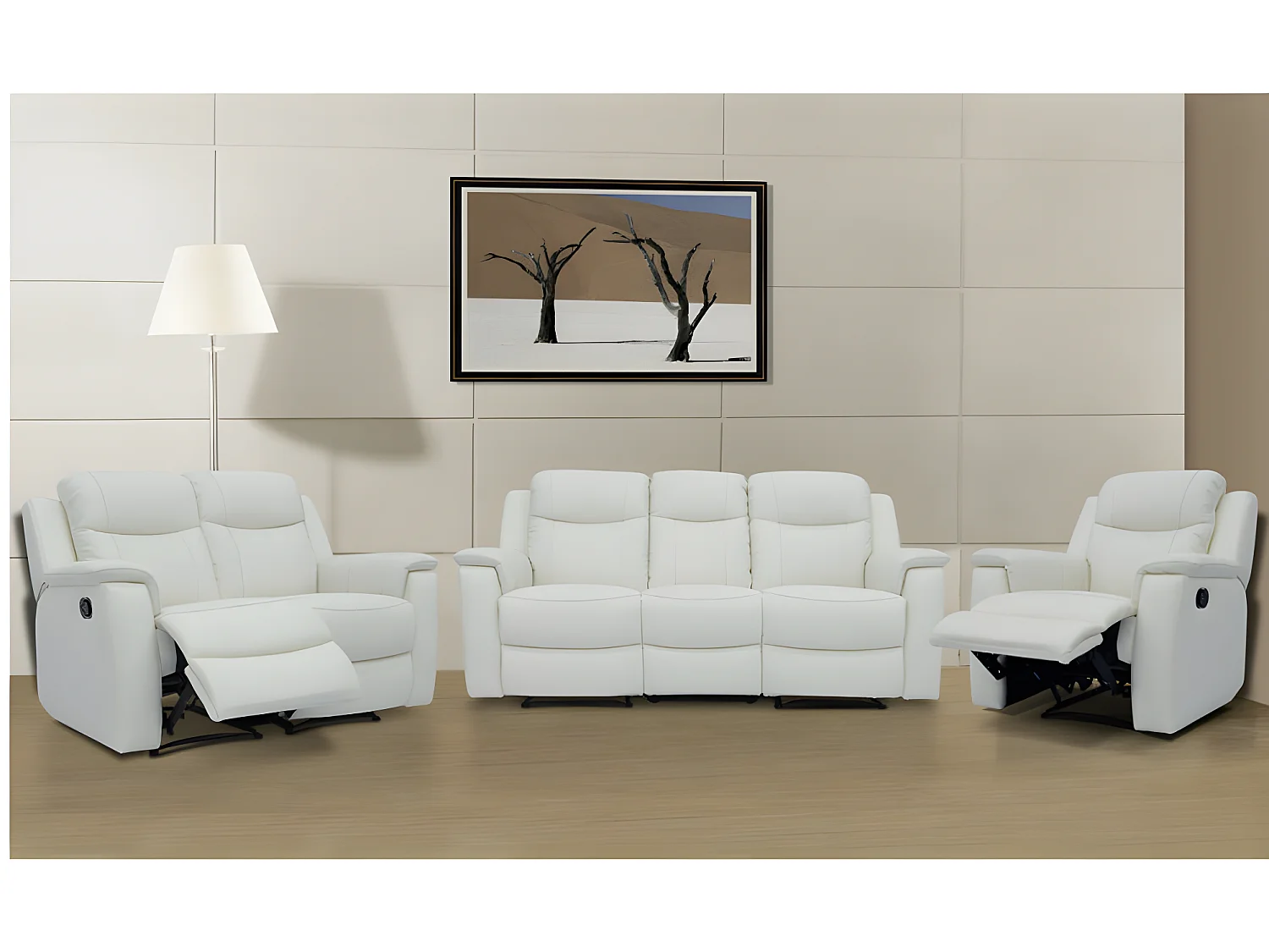 Driezits, tweezits relaxbank en relaxfauteuil EVASION van leer - ivoorwit