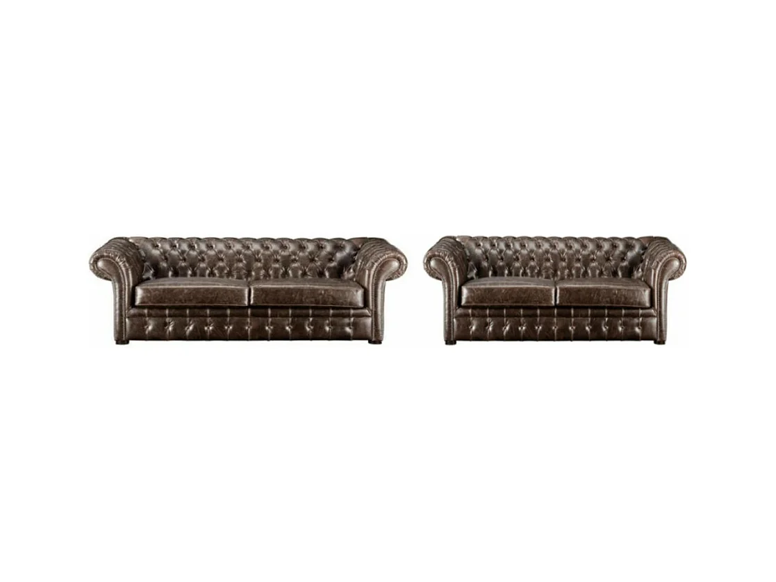 Canapés 3 places et 2 places chesterfield CLOTAIRE 100% cuir vieilli