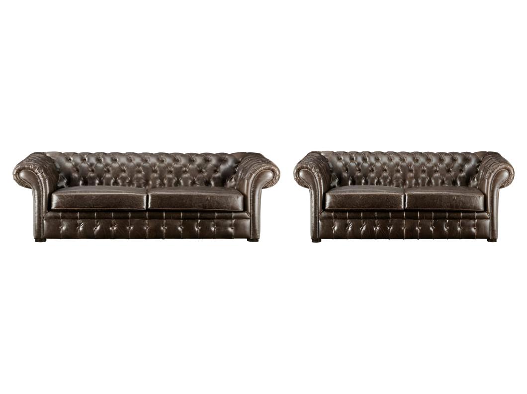 Canapés 3 places et 2 places chesterfield CLOTAIRE 100% cuir vieilli