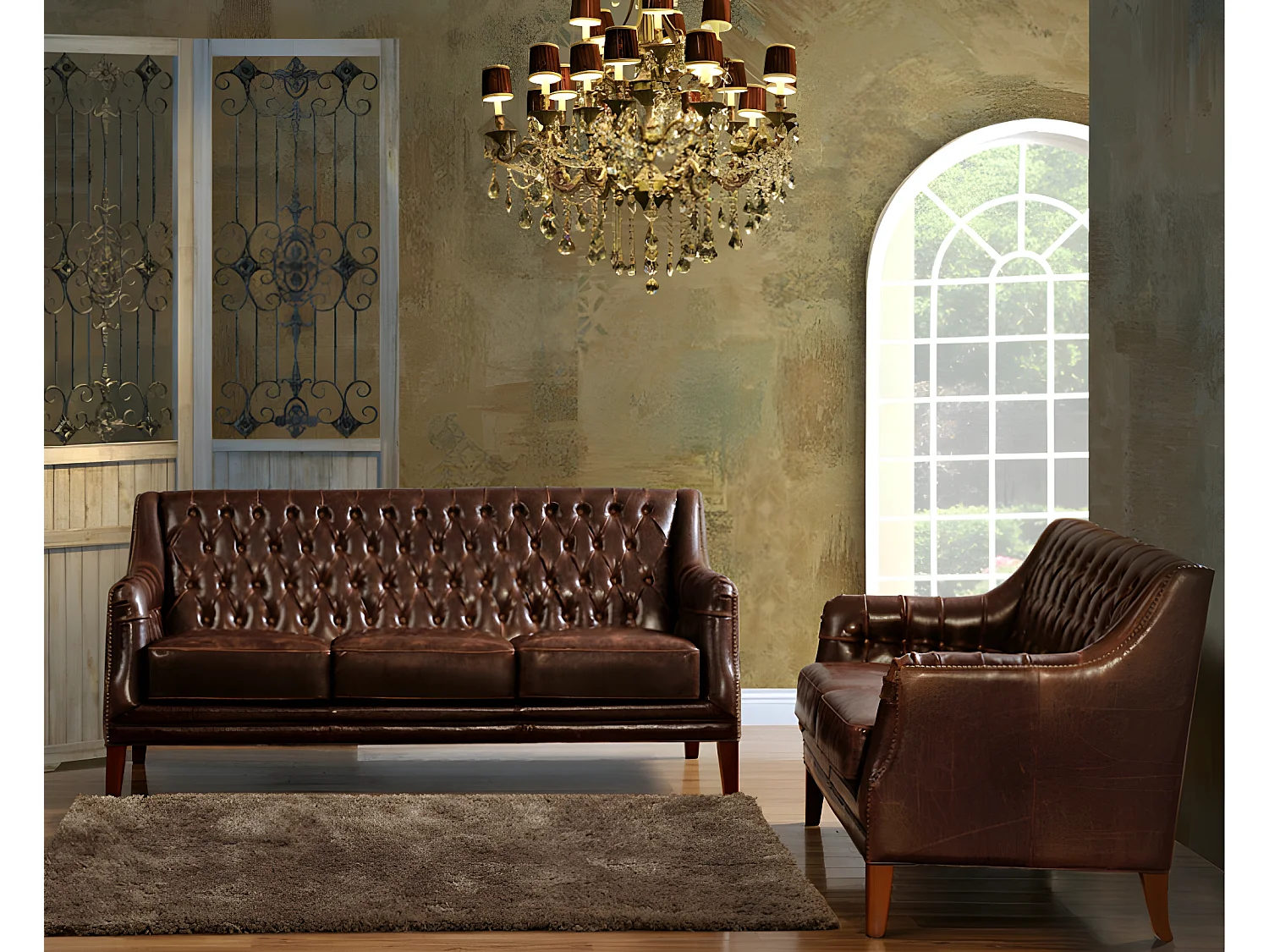 Driezitsbank van leer COLBERT - Bruin