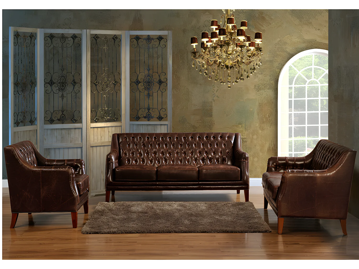 Driezitsbank van leer COLBERT - Bruin