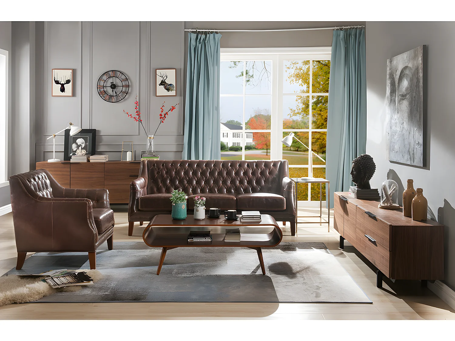 Driezitsbank van leer COLBERT - Bruin