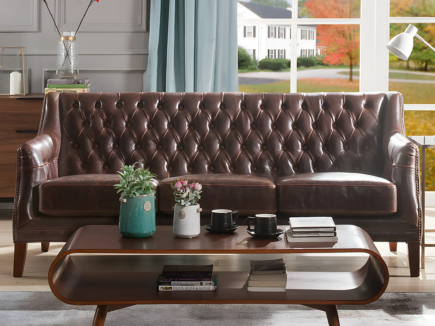 Driezitsbank van leer COLBERT - Bruin