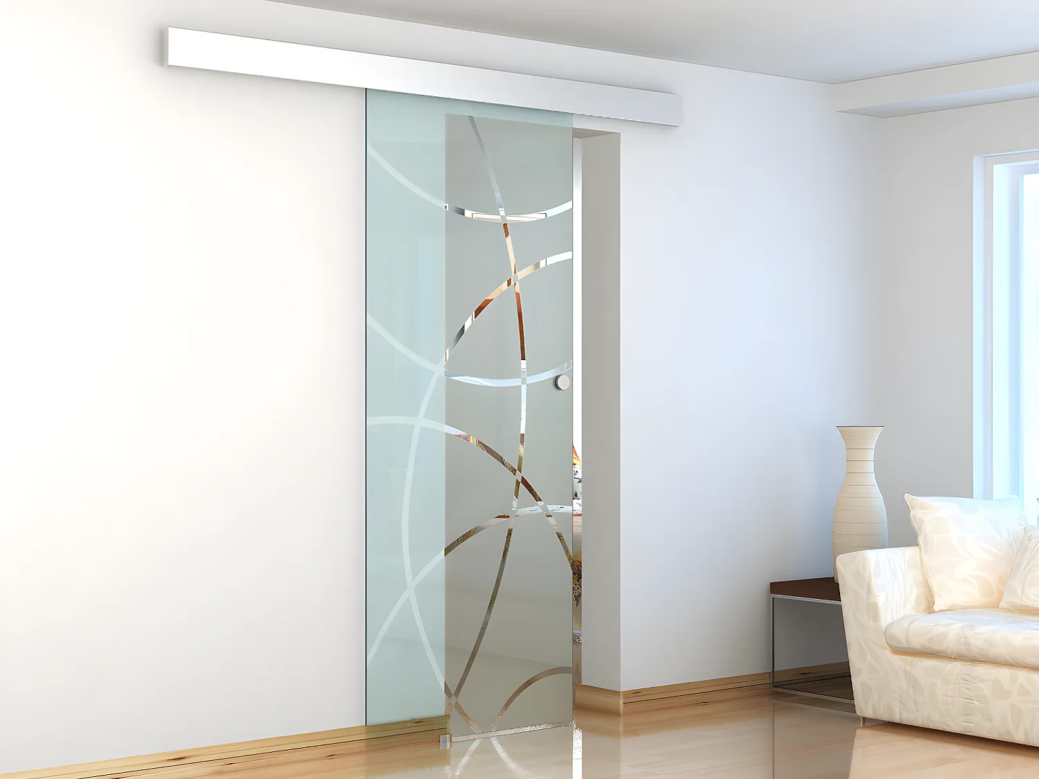 Porte coulissante avec système en applique  H205 x L83 cm - Verre trempé  dépoli - HEIDI