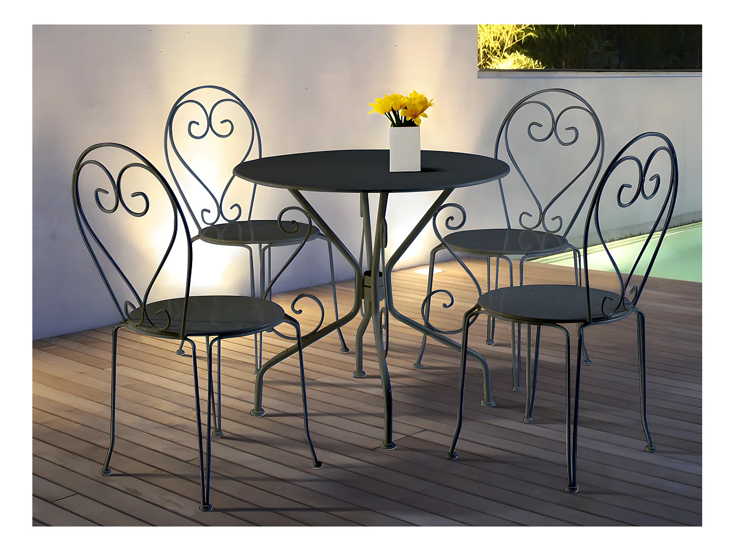 Salle à manger de jardin en métal façon fer forgé : une table et 4 chaises empilables - Anthracite - GUERMANTES de MYLIA