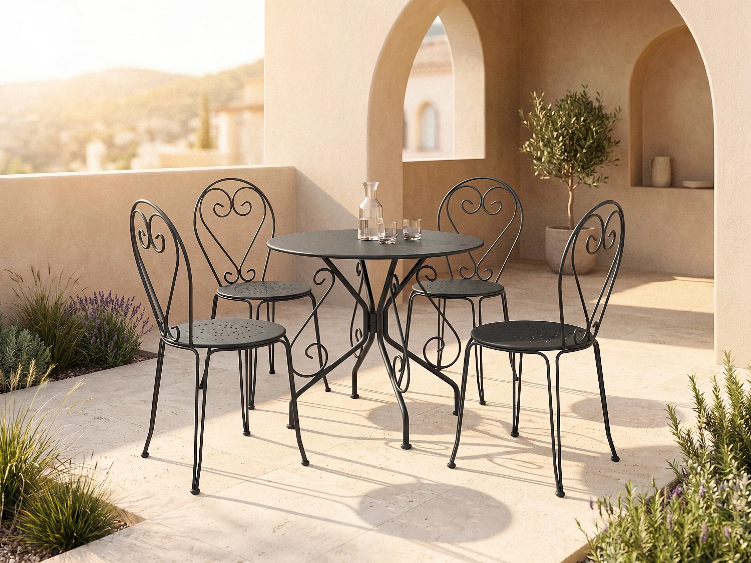 Salle à manger de jardin en métal façon fer forgé : une table et 4 chaises empilables - Anthracite - GUERMANTES de MYLIA
