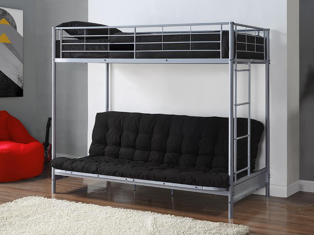 Hochbett mit Schlafsofa MODULO IV - 90 x 190 cm - Metall - Silberfarben + Futonmatratze 135 x 190 cm