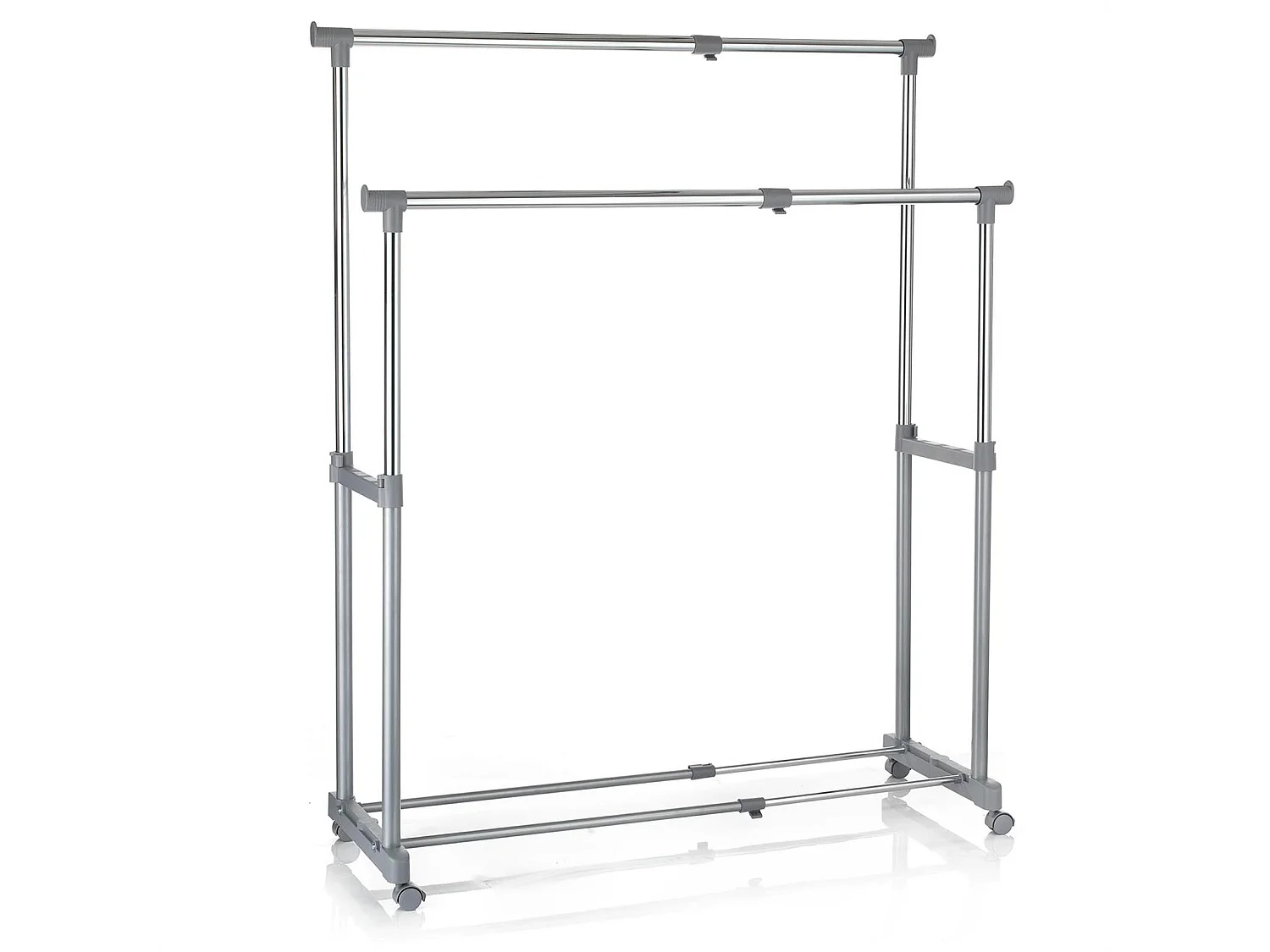 Portant à vêtements CASA en métal chromé et gris, penderie double sur roulettes avec 2 barres hauteur et longueur réglables