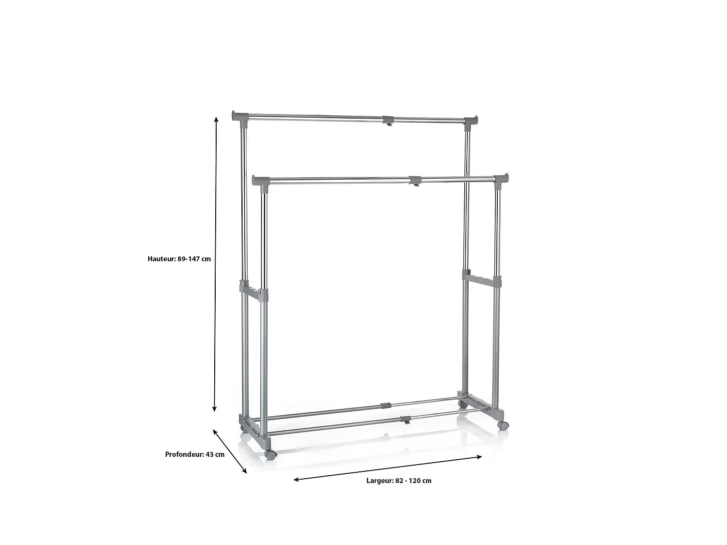 Portant à vêtements CASA en métal chromé et gris, penderie double sur roulettes avec 2 barres hauteur et longueur réglables