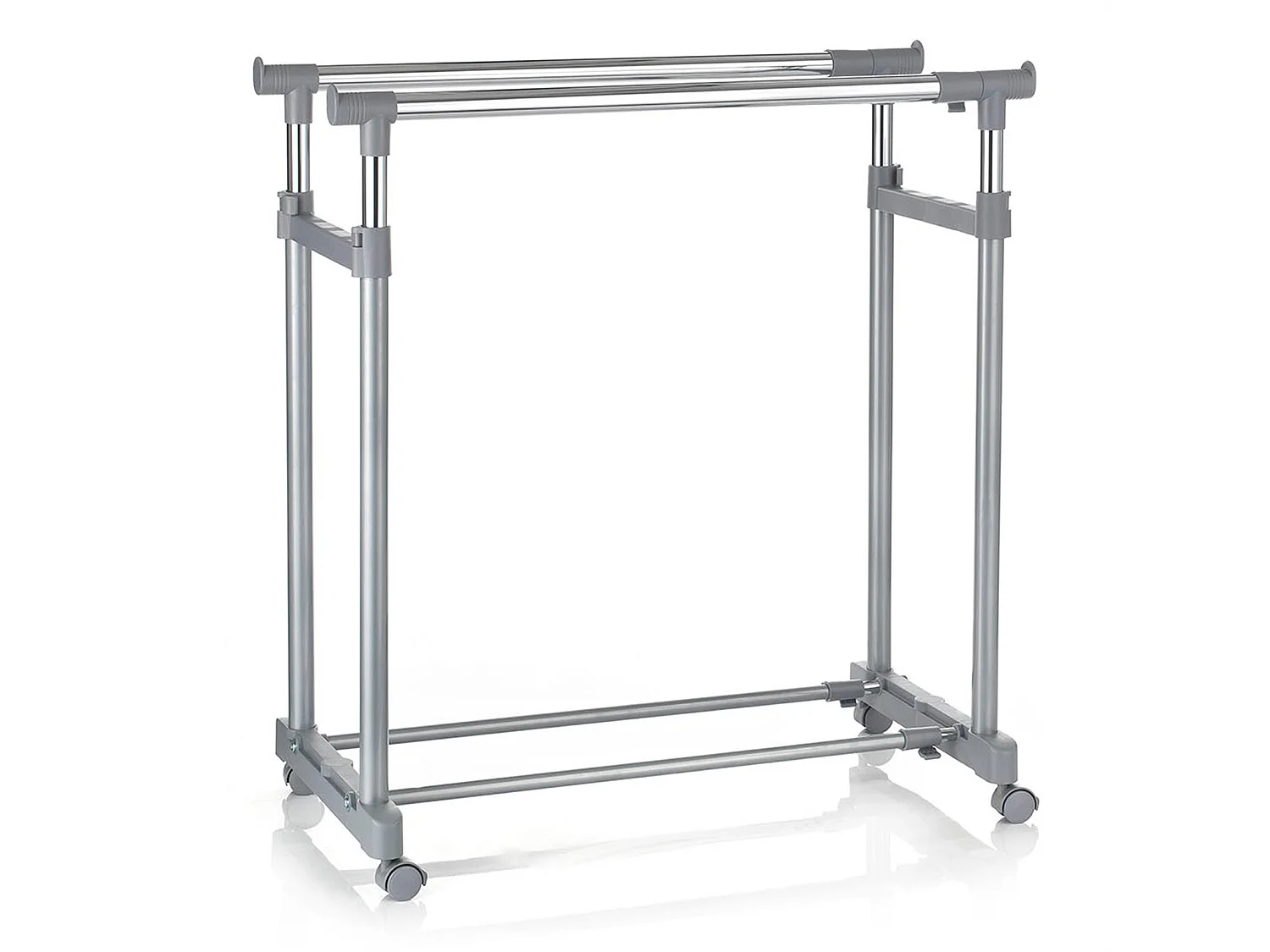 Portant à vêtements CASA en métal chromé et gris, penderie double sur roulettes avec 2 barres hauteur et longueur réglables