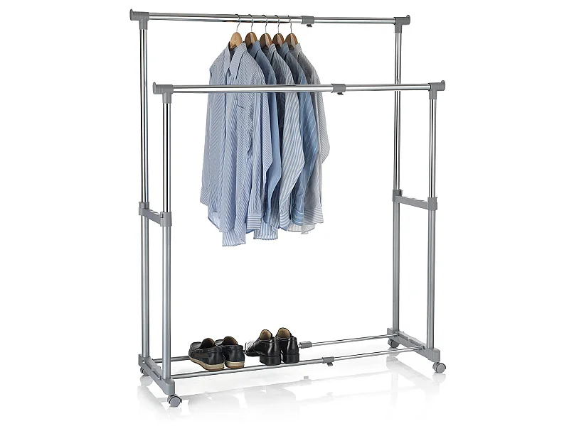 Portant à vêtements CASA en métal chromé et gris, penderie double sur roulettes avec 2 barres hauteur et longueur réglables